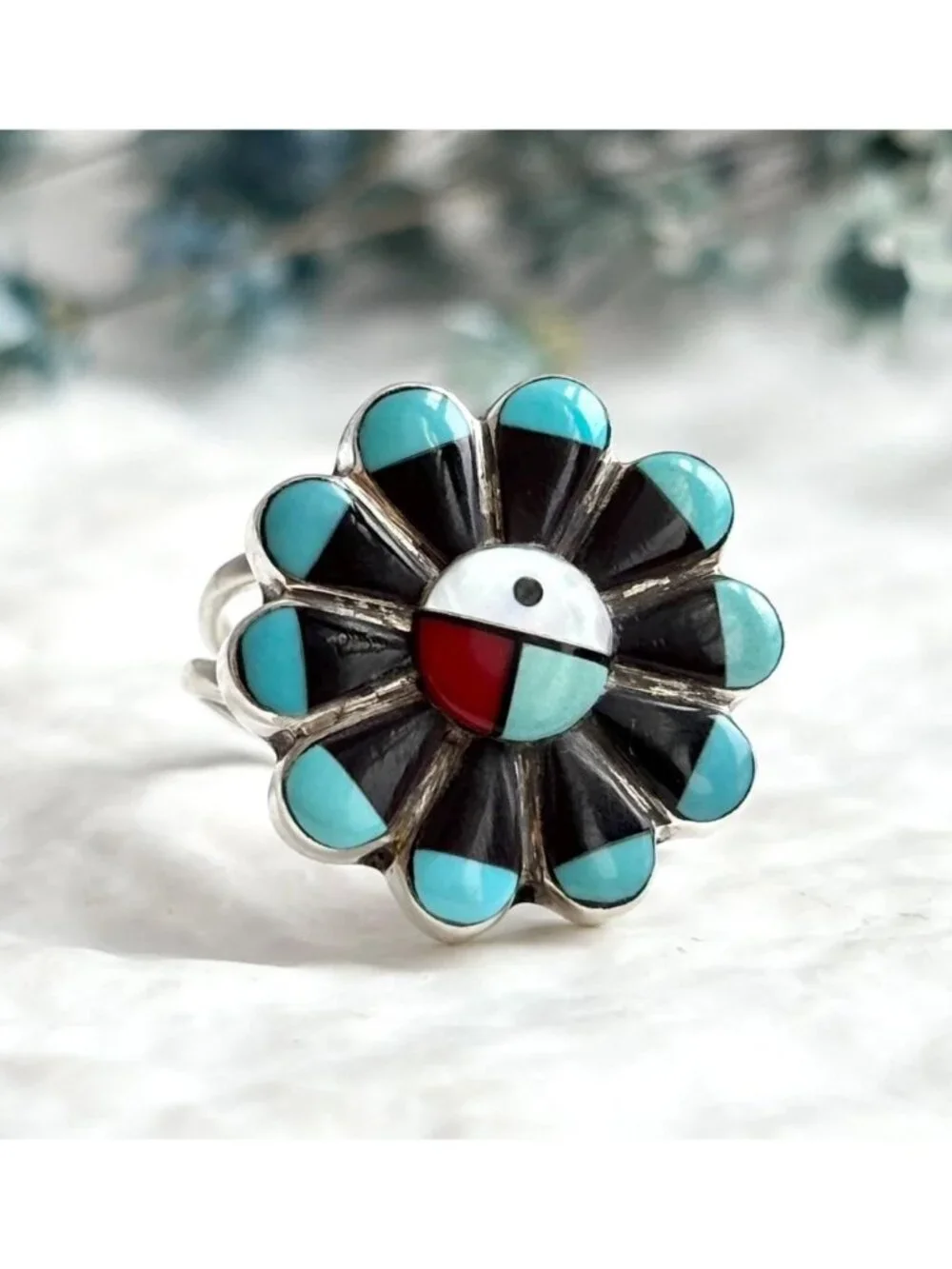 Zuni Sun Face Turquoise, Onyx, MOP & Coral Sterling Silver 925 Vintage Ring sz 6